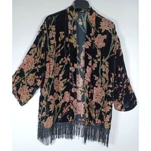Lucy Paris Cardigan Velvet Burnout Asian Floral Fringe Medium Whimsigoth Boho‎